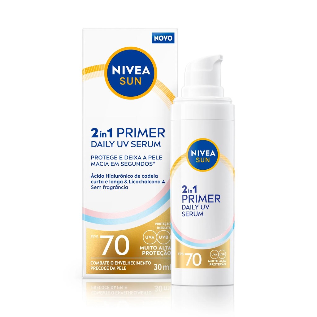 NIVEA Sun Protetor Solar Facial 2in1 Primer Daily UV Serum FPS70 - 30ml BBB 26 em Oferta na Shopee
