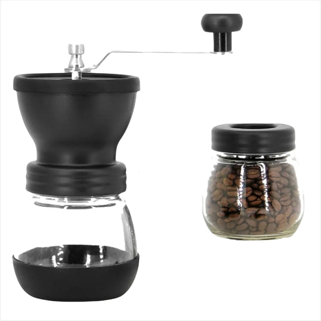 Moedor De Cafe Manual Tipo Moinho Com Pote Vidro E Inox