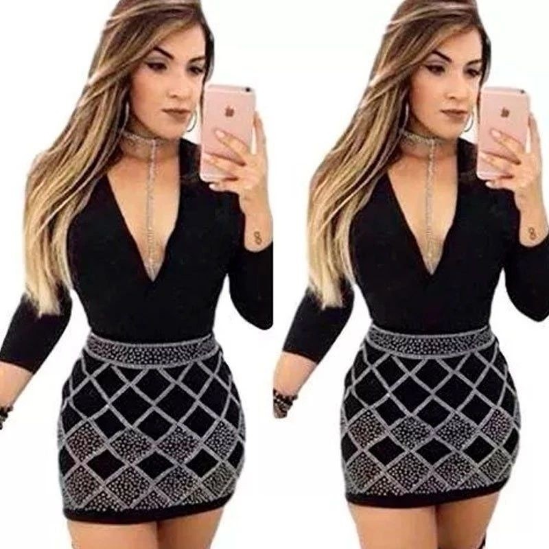 conjunto feminino saia pedreira e body transpassado