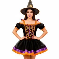 Fantasia Adulta Feminina de Bruxa Vestido de Halloween Com Corselet Ajustável e Saia Volumosa Afina a Cintura
