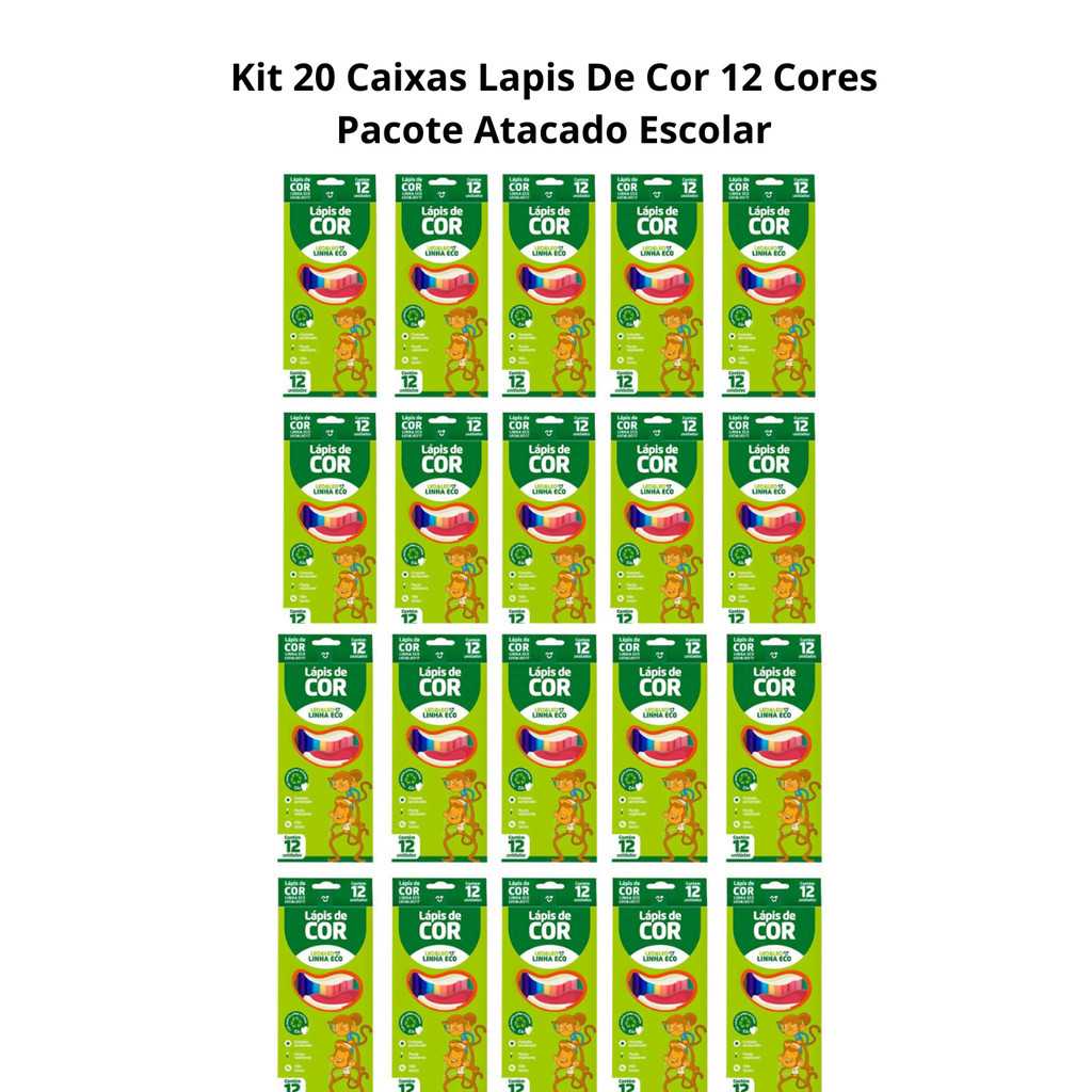 Kit 20 Caixas Lapis De Cor 12 Cores Pacote Atacado Escolar - Leo&Leo