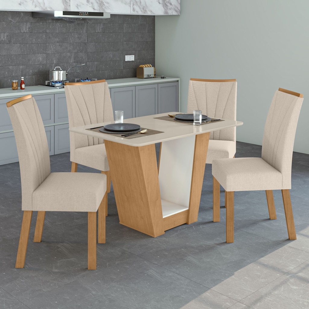 Conjunto Sala de Jantar 4 Lugares Retangular Tampo MDF Mesa e Cadeiras Apogeu Amêndoa Clean/Off White/Bege em Oferta na Shopee