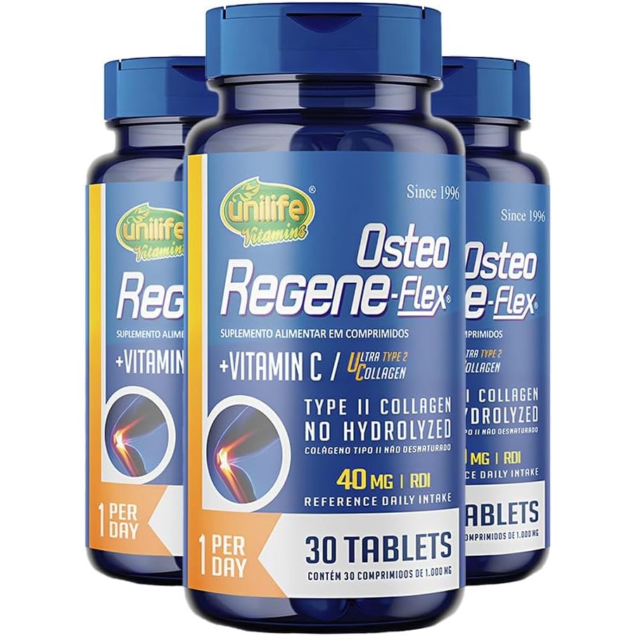 Kit com 3 Frascos de Colágeno Tipo 2 Osteo Regeneflex 30 Comprimidos Unilife