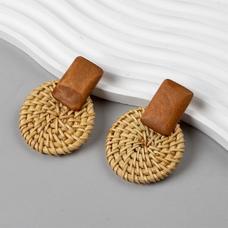 Brincos redondos de rattan de madeira, brincos geométricos estilo boêmio, brincos personalizados