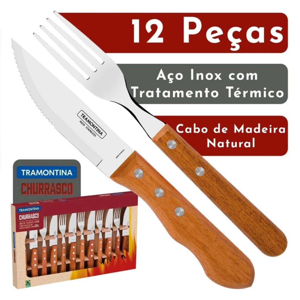 Faqueiro jogo de Talheres Inox Tramontina Jombo para Churrasco Madeira 12 Peçs — imagem 2 de 2