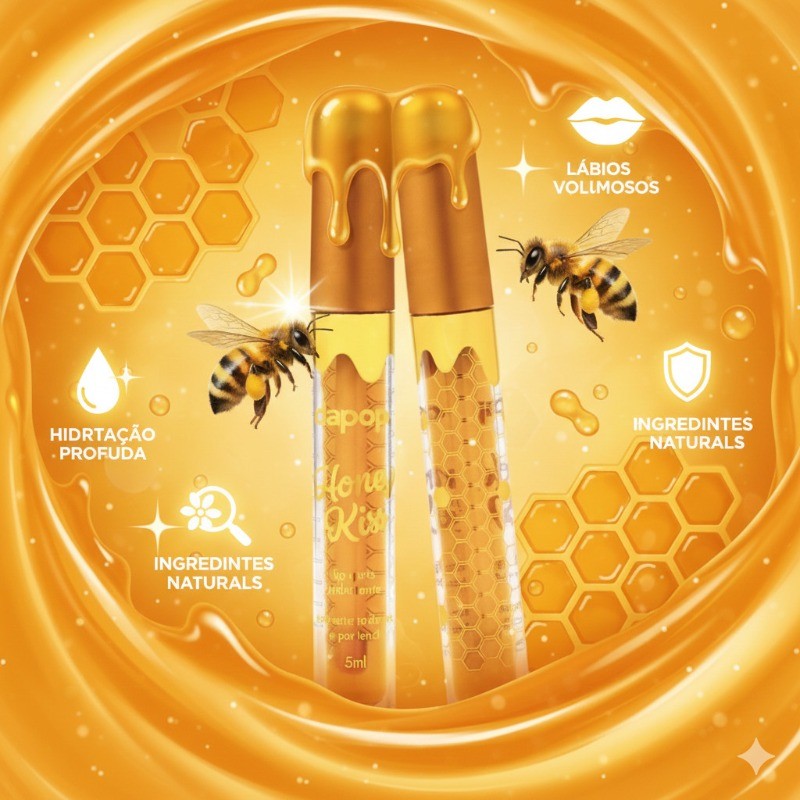 Gloss Labial Honey Kiss - Mel e Pantenol - DAPOP - Lábios Irresistíveis!