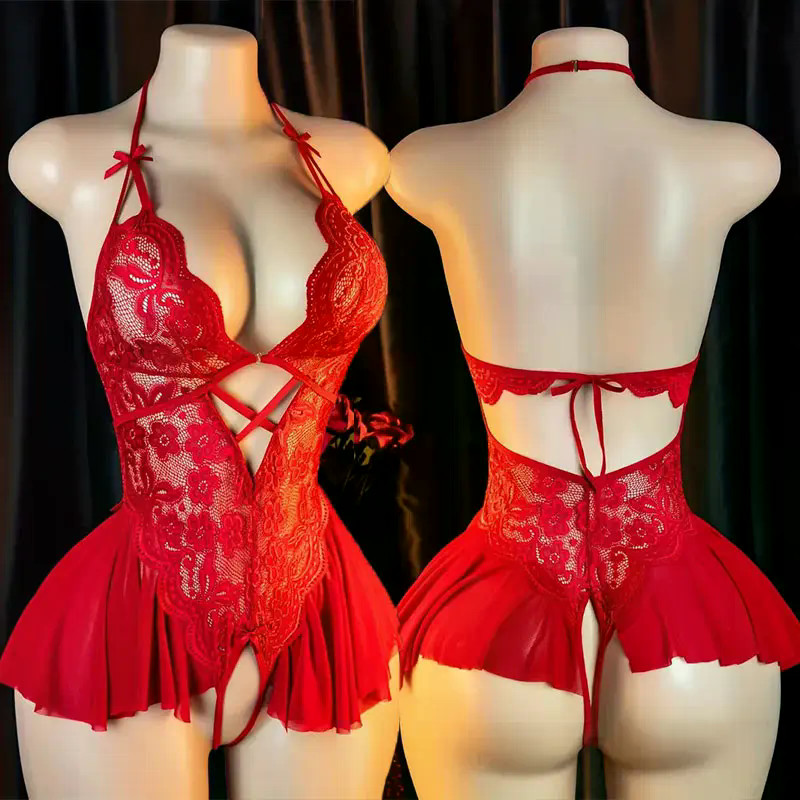 Vermelho Pendurado Pescoço Lingerie Adulto Erótico Profundo V Sutiã Crotchless Mulher Roupa Interior Sexo Noite Vestido