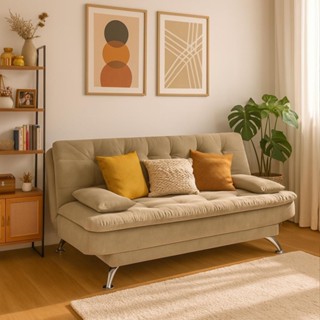 Sofá-Cama 3 Lugares Casal Premium Suede Velvet Bege em Oferta na Shopee