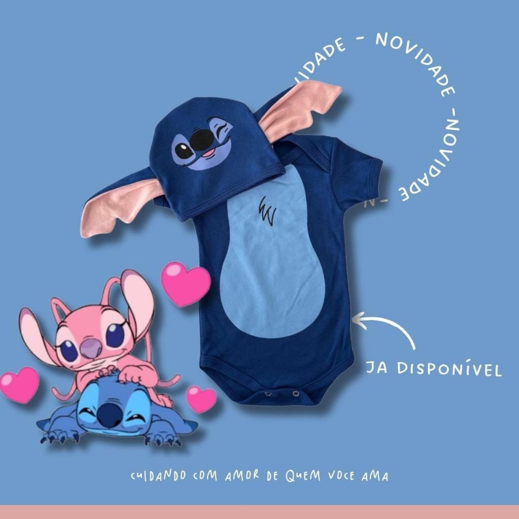 Body Bebe Stitch e Angel Body + Touca de Mesversario Fantasia Infantil Bebê