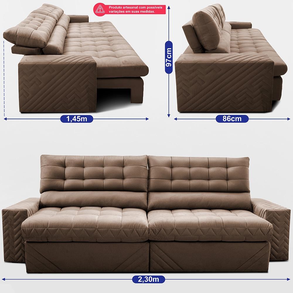 Detalhes do Sofá Retrátil e Reclinável 2,30m Molas Ensacadas Max Spring Velusoft Castor Cama inBox