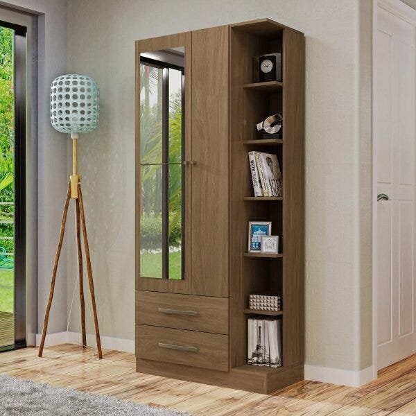 Guarda Roupa Solteiro 1 Espelho 2 Portas 2 Gavetas e Prateleiras Moju  Nogueira em Oferta na Shopee