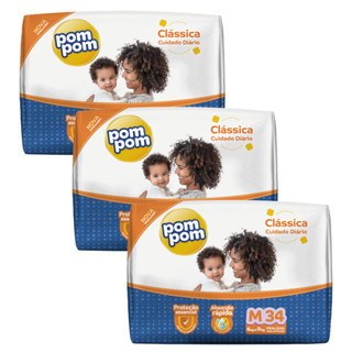 3 Pacotes PomPom Clássica M 34un Fralda Econômica - Toque Suave e Alta Absorção em Oferta na Shopee