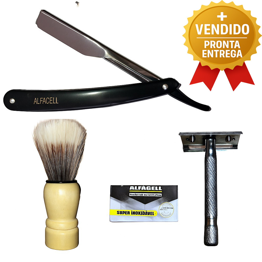 Kit Profissional de Barbear Navalha+ Pincel de Barbear+ Barbeador Inox+ Lâmina