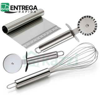 Kit 4 Peças Espátula Raspadora c/ Régua Cortadores de Pizza e Massa de Pastel Batedor de Claras Inox em Oferta na Shopee