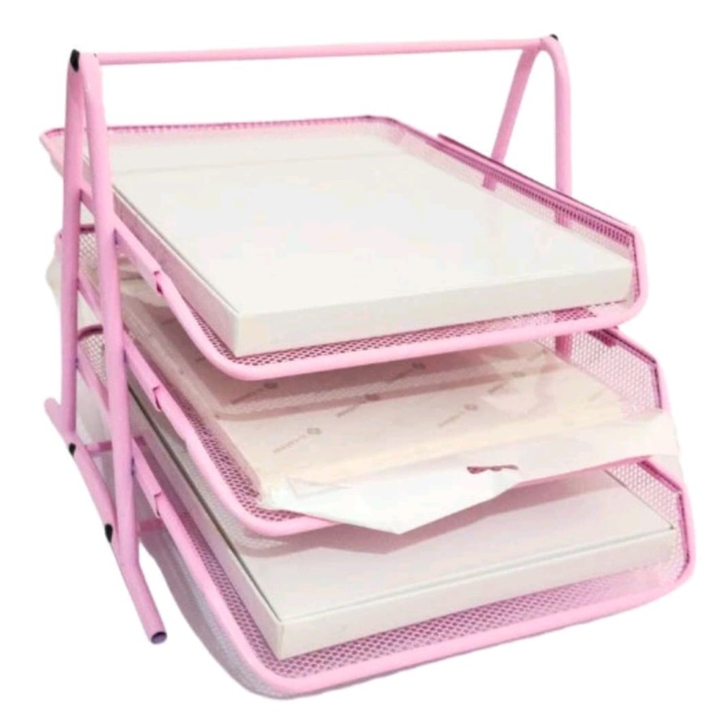 Organizador De Documentos de Mesa 3 Andares Bandeja Porta Treco Multiuso Papel A4 Metal Aramado Rosa ou Preto em Oferta na Shopee