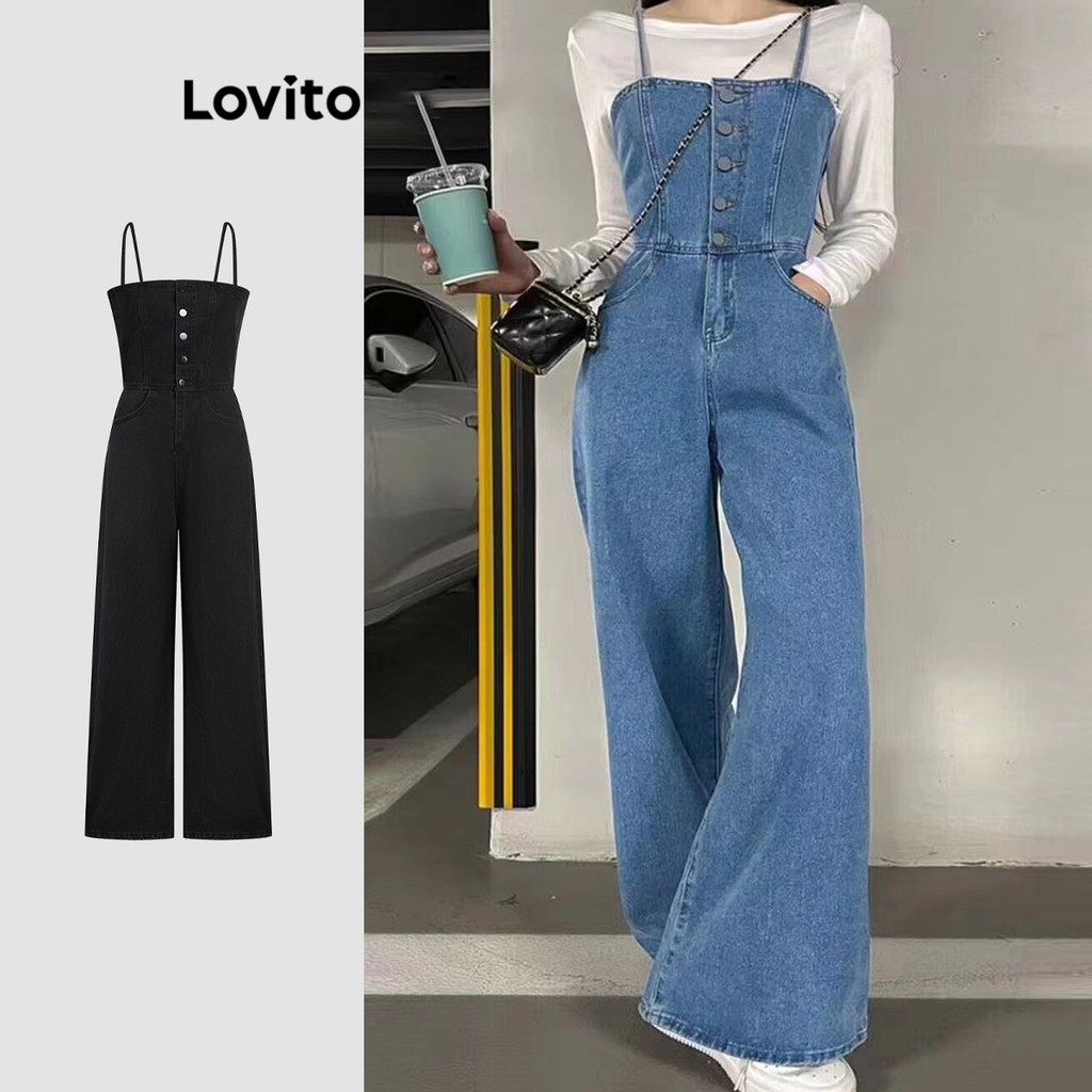 Lovito Casual Macacão Feminino Liso Lavado com Bolso e Botão Frontal LNE22047 (Multicolorido) em Oferta na Shopee