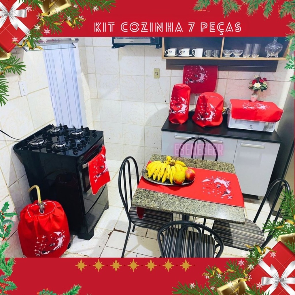 Kit Cozinha 7 Pçs Decoração Natal Enfeites Natalino Christmas Decoration Pano Prato Papai Noel Sinos em Oferta na Shopee