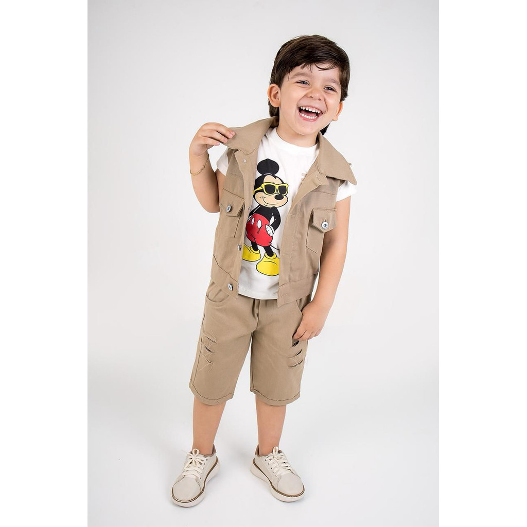 Conjunto Infantil Masculino Mk Camiseta Colete Bermuda Roupa Estilosa Menino Verão