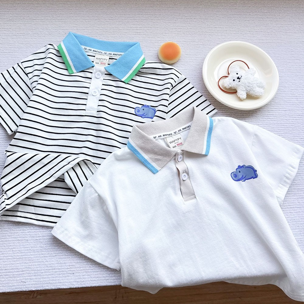 Crianças listrado camisa POLO de manga curta 2026 verão menino dos desenhos animados impresso lapela camiseta bebê respi