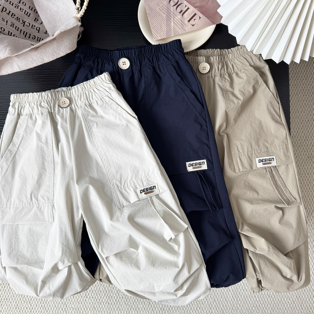 Crianças primavera verão macacão fino calças de secagem rápida meninos solto estilo ocidental fechamento calças comprida