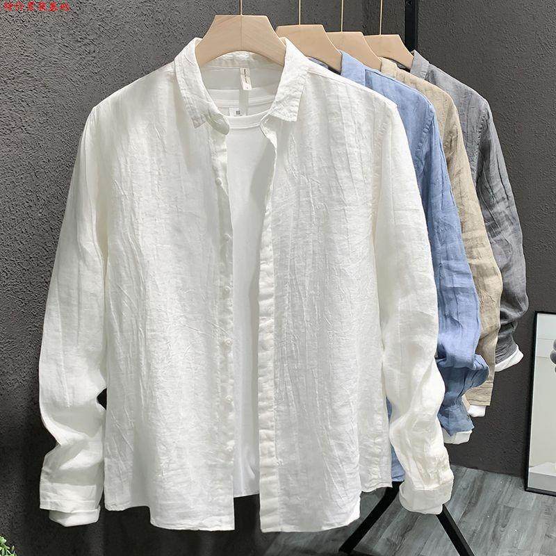 Primavera outono novo estilo de linho masculino cor sólida lapela camisa de manga comprida na moda All-Match solto camis