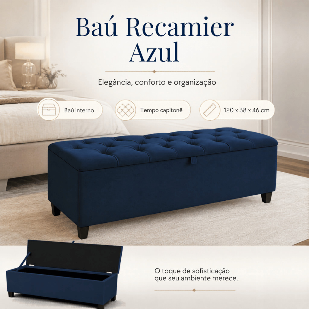 Baú Recamier Suede Quarto Casal Puff Banco Decorativo com Baú Estrutura Madeira