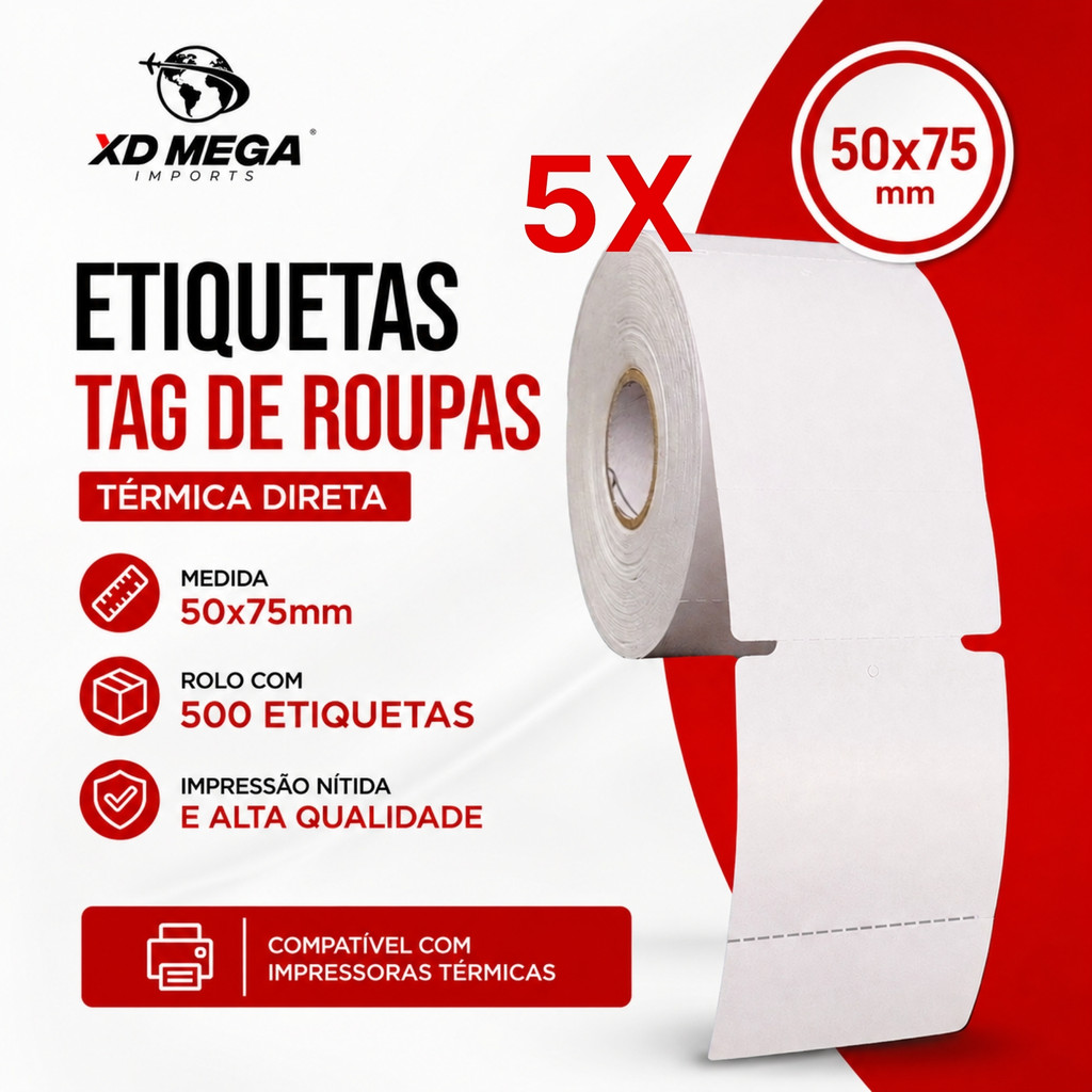 5 rolos Tag Para Roupa Térmica Não Usa Ribbon 50x75