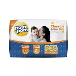 Fralda Descartável PomPom Clássica Econômica Tamanho P - 8 Pacotes com 36 Fraldas - Total 288 Tiras