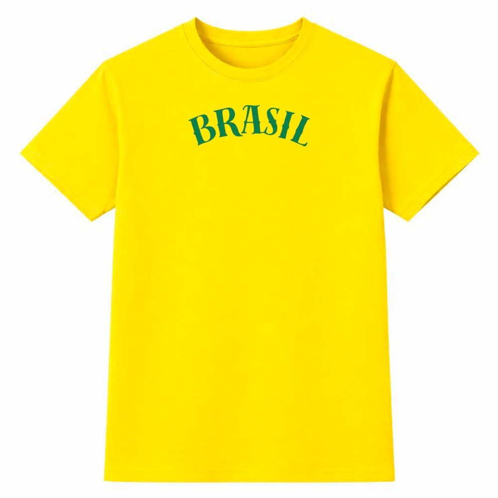 Camiseta Masculina 100% Algodão Camisa Brasil Tipografia Arqueada Futebol Copa do Mundo Casual Moda