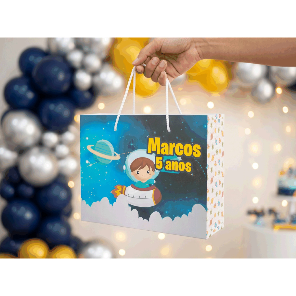 Sacolinha G para Festa de aniversário - Tema Astronauta Personalizada com NOME E IDADE - Lembrancinha - Pegue e monte