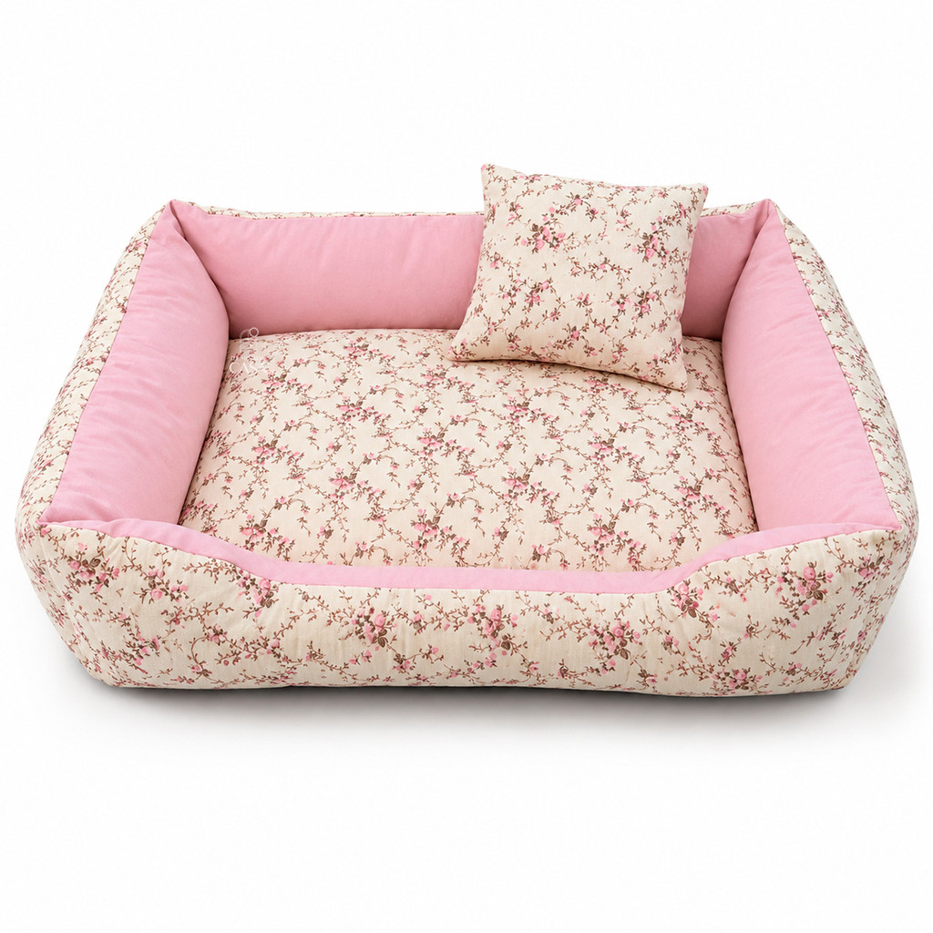 Cama Pet Floral Rosa 60x50 Tamanho M para Cães e Gatos Lavável com Zíper e Bordas Acolchoadas