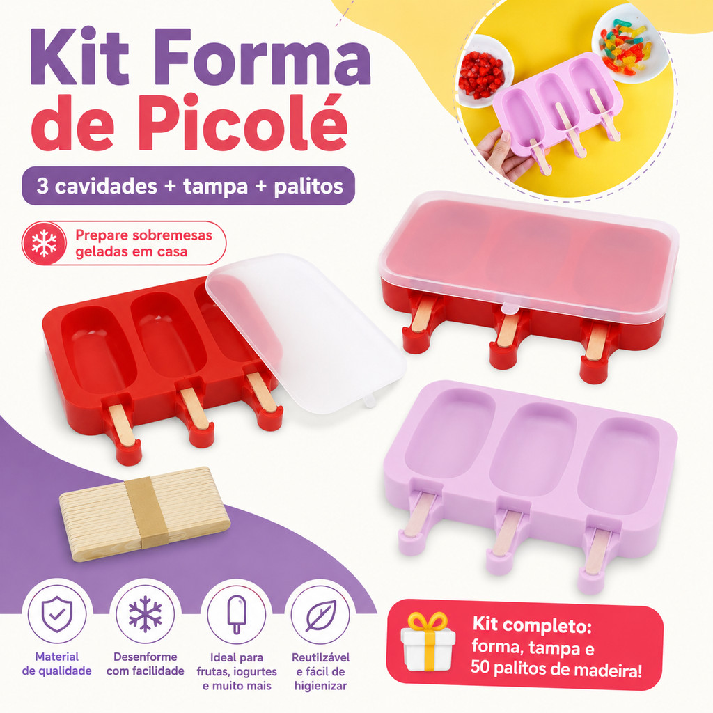 Molde Forma de Sorvete Molde de Picolé de Silicone com 3 Cavidades com Tampa + 50 Palitos de Madeira