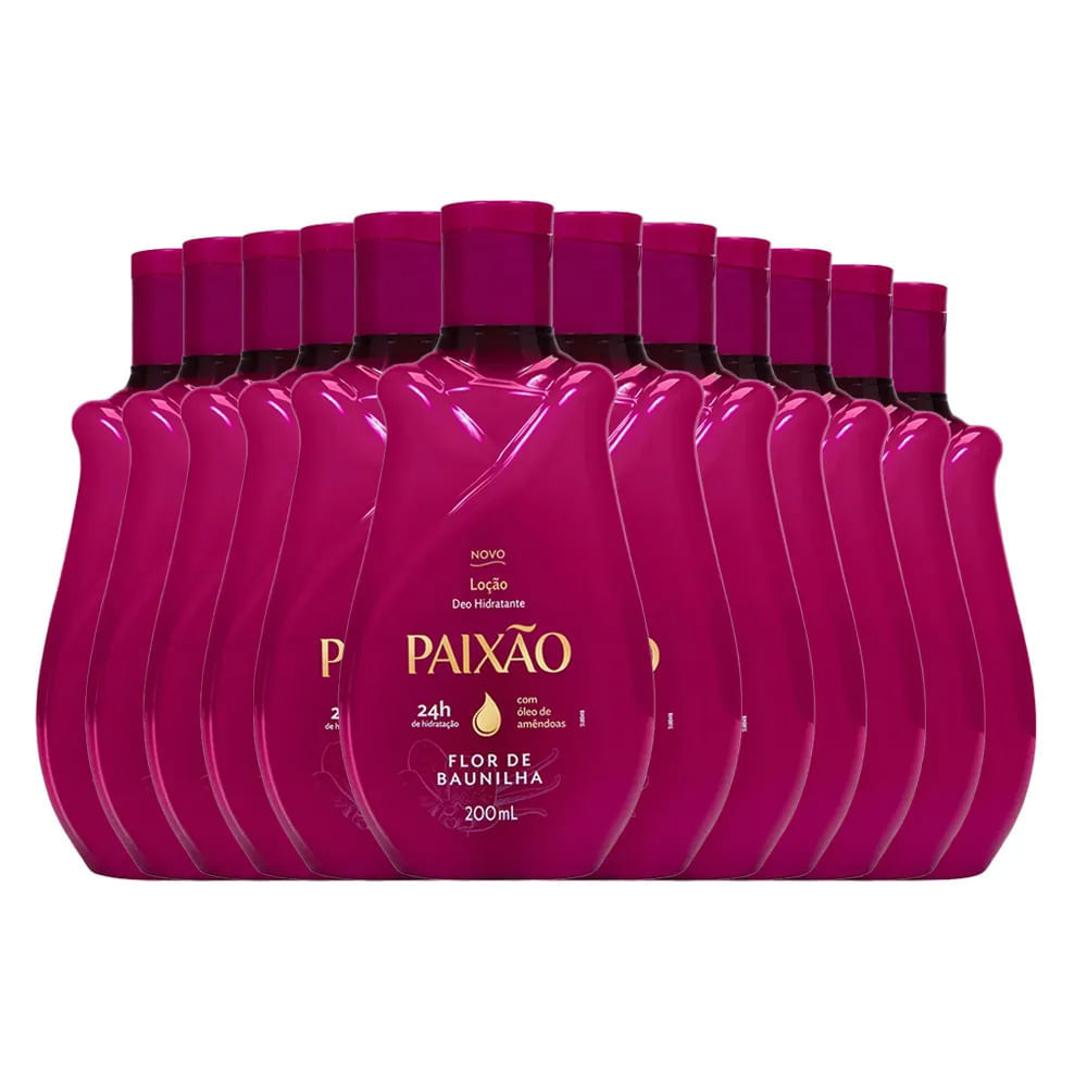 Kit contendo doze frascos de Loção Hidratante Paixão Flor de Baunilha de 200ml cada, dispostos em semicírculo.