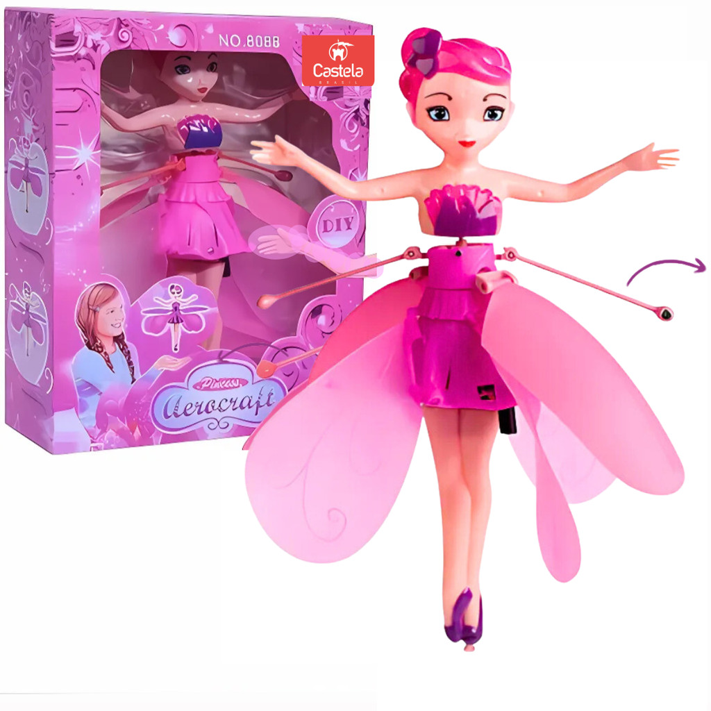 Boneca Princesa Fada Mágica Voadora Rosa Sensor De Mão E Luzes - Castela