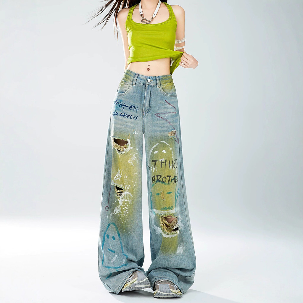 Calça Jeans Rasgada Estilo Graffiti Dopamina Feminina, Nova Tendência 2026, Calça Larga Solta Drapeada Retrô Americana d