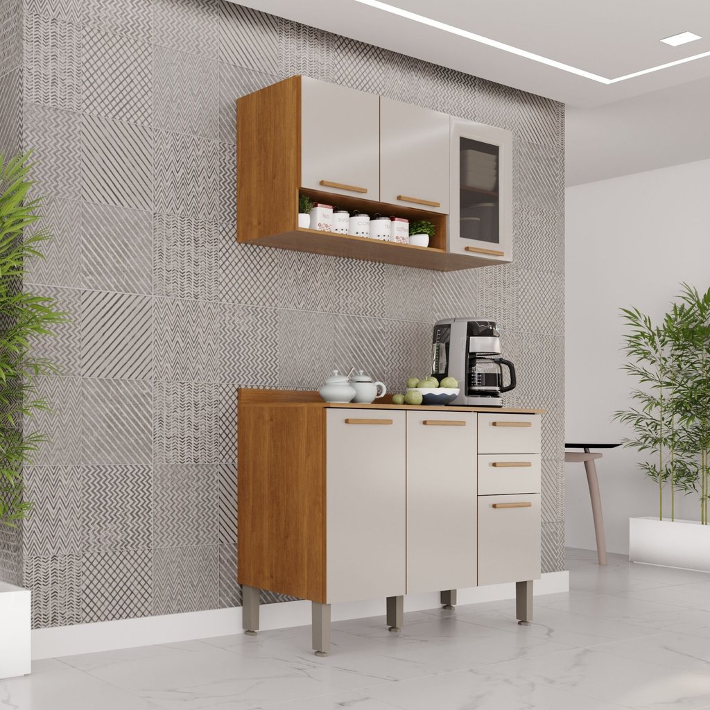 Cozinha Compacta Modulada 2 Peças 6 Portas 2 Gavetas Bella Branco/Cinamomo/Off White Cinamomo/Off White