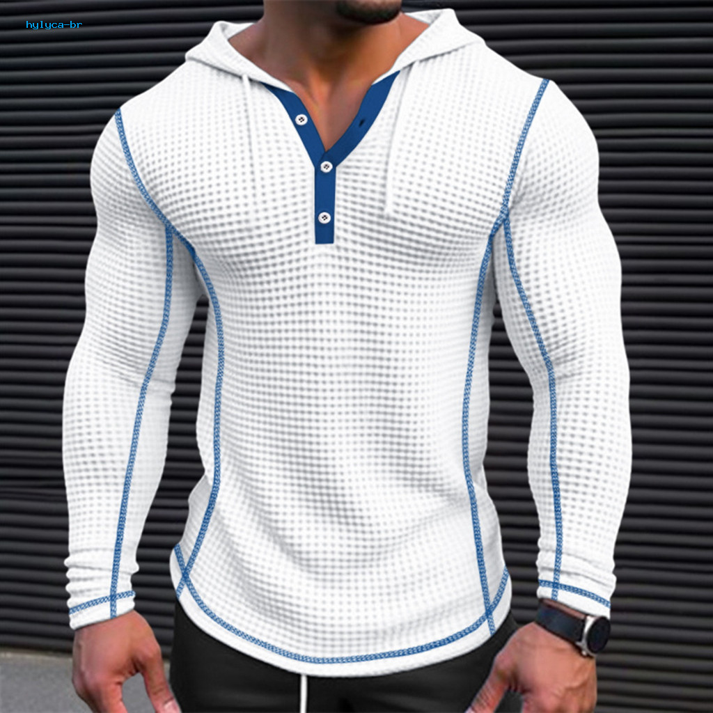 Breathable and Sweat-proof Hoodie Solid Color Long Sleeve Top Men's Slim Fit Cotton Waffle Pullover with Button Closure
