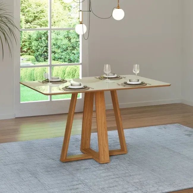 Mesa de Jantar Retangular 4 Lugares 135cm Cantos Arredondados Altura Regulável 100% MDF Branco/Freijó/Off White 135