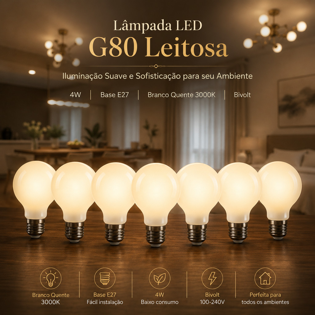 Kit 7 Lâmpadas Led Globo G80 Leitosa 4w E27 3000k Camarim