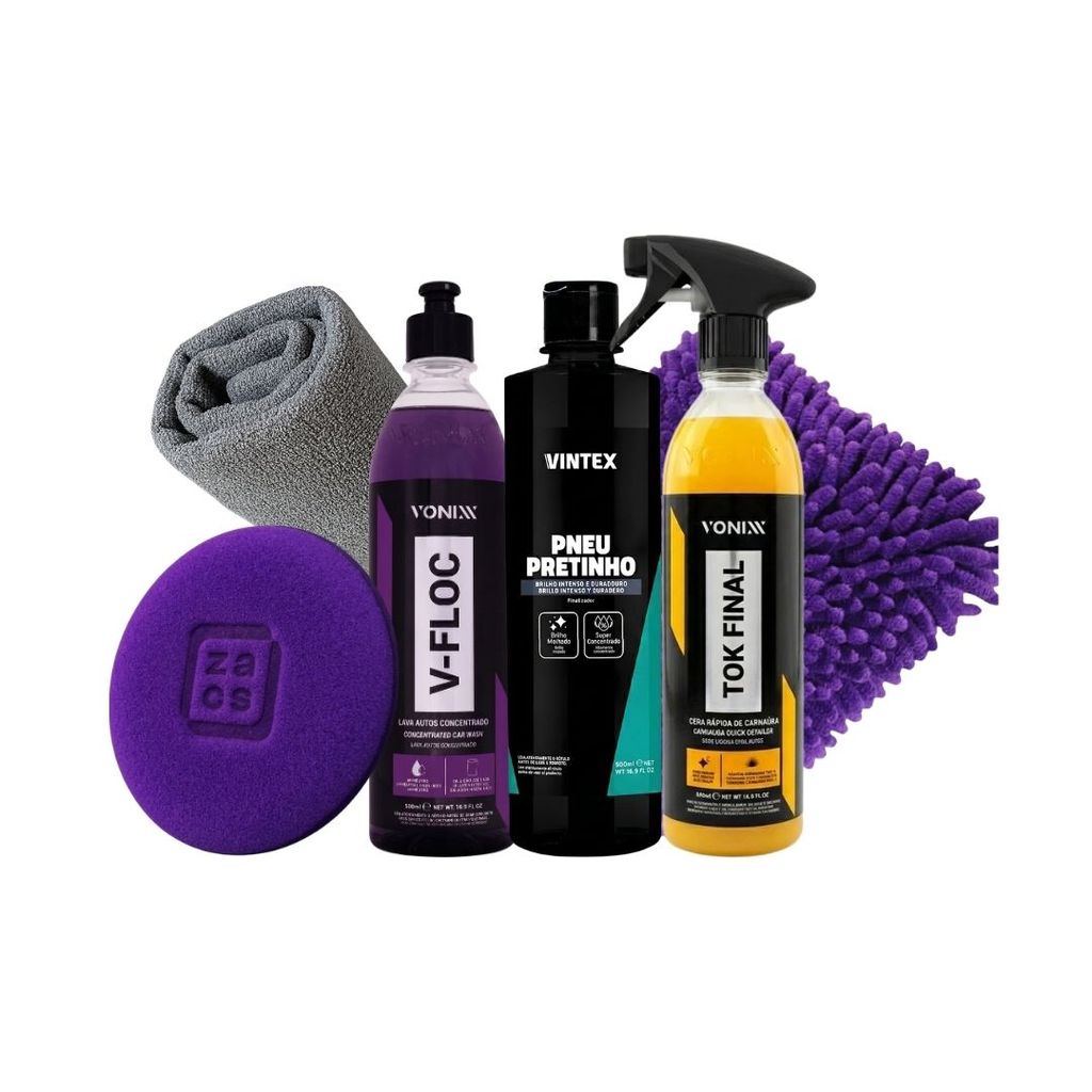 Kit Vonixx V-Floc Shampoo Tok Final Cera Vintex Pneu Pretinho Luva Aplicador Microfibra