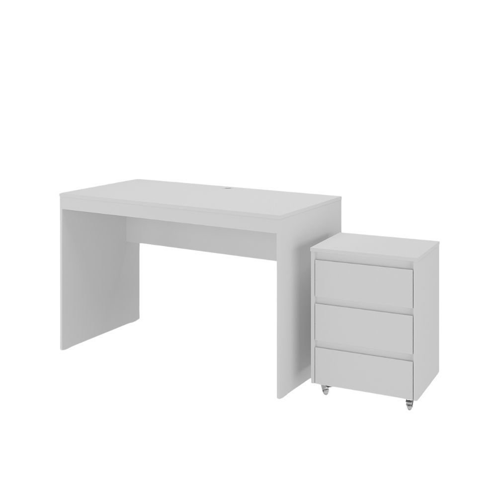Conjunto Escrivaninha Office Mesa 120cm e Gaveteiro 3 Gavetas com Rodízios Cali Branco Branco · foto 2