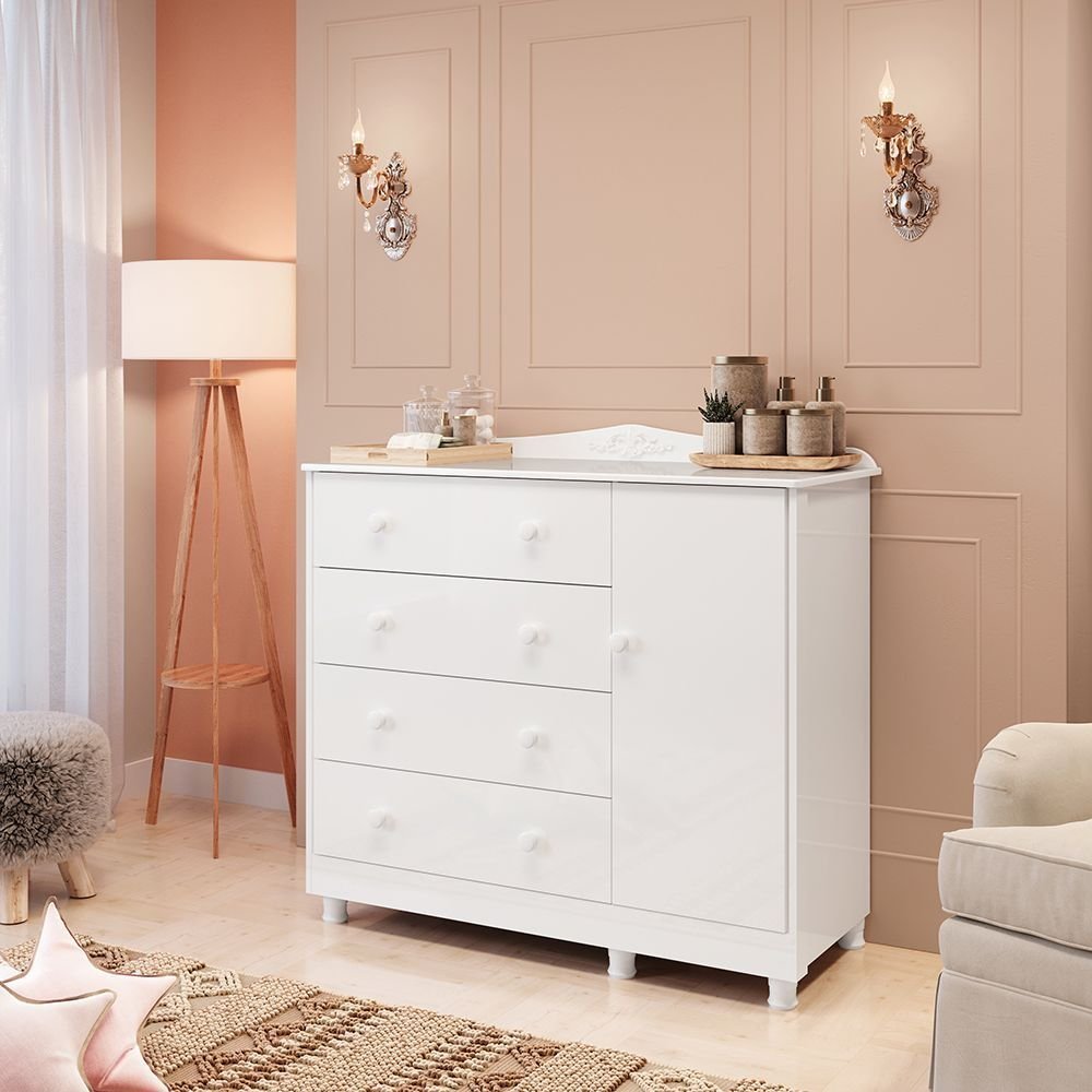 Cômoda de Bebê 1 Porta 4 Gavetas Maya Clássico Espresso Móveis Branco/Brilho Branco Brilho