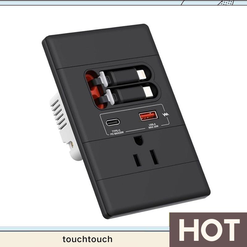 Tomada USB-C Para Montagem Em Parede Com Cabos Retráteis/A E , GaN PD20W , 15A 125V Preto Resistente Violação touchtouch