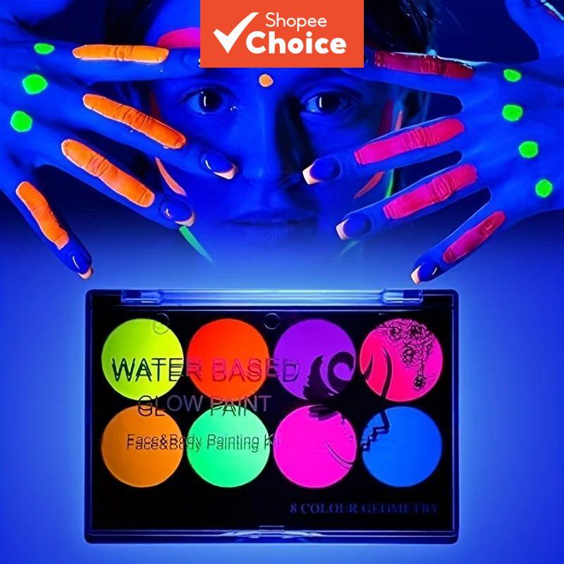 Paleta de 8 cores de Tinta UV Fluorescente para Rosto e Corpo, Tinta Neon à Base de Água para Festa de Halloween e