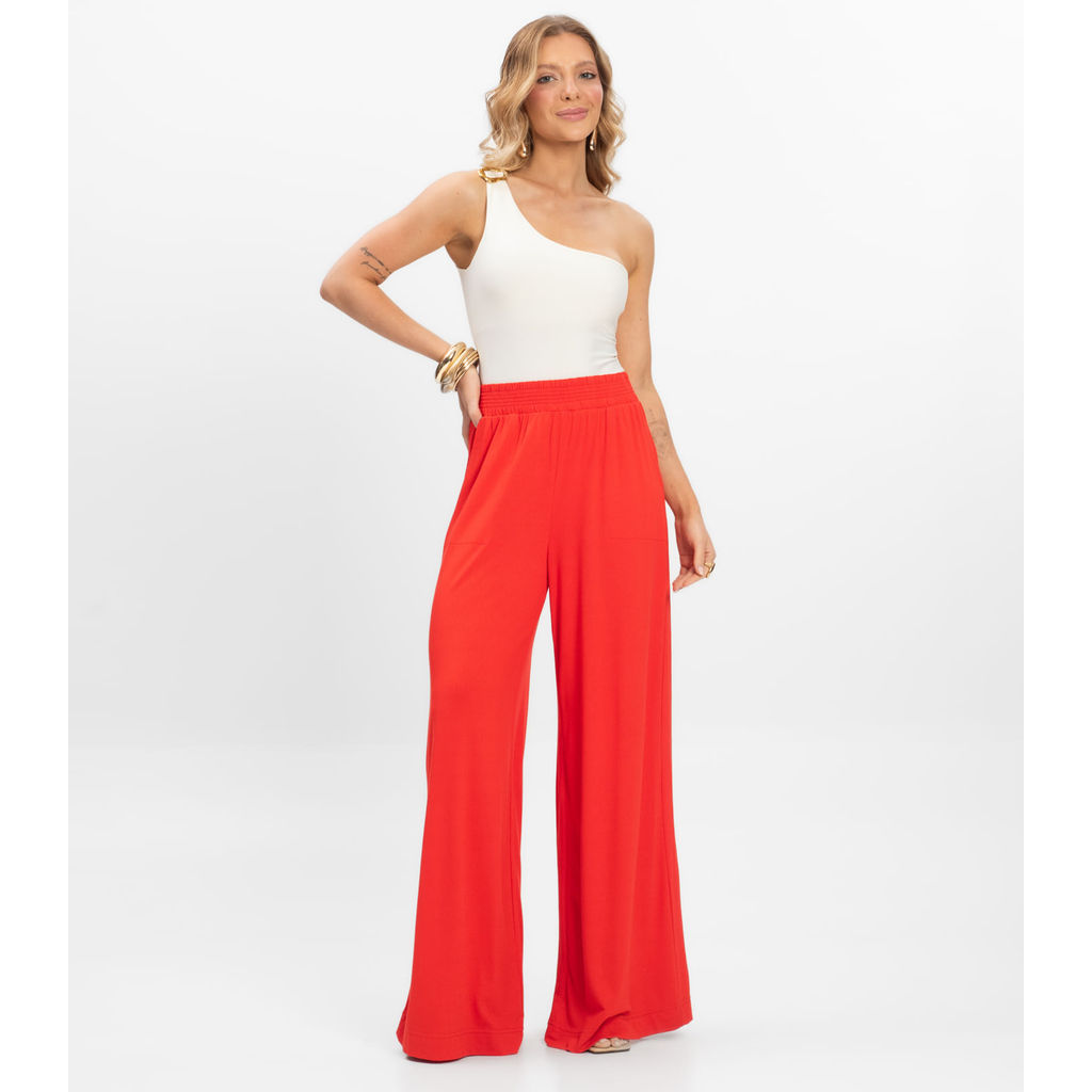 Calça Pantalona Feminina Visco Maquinetada Rovitex Laranja