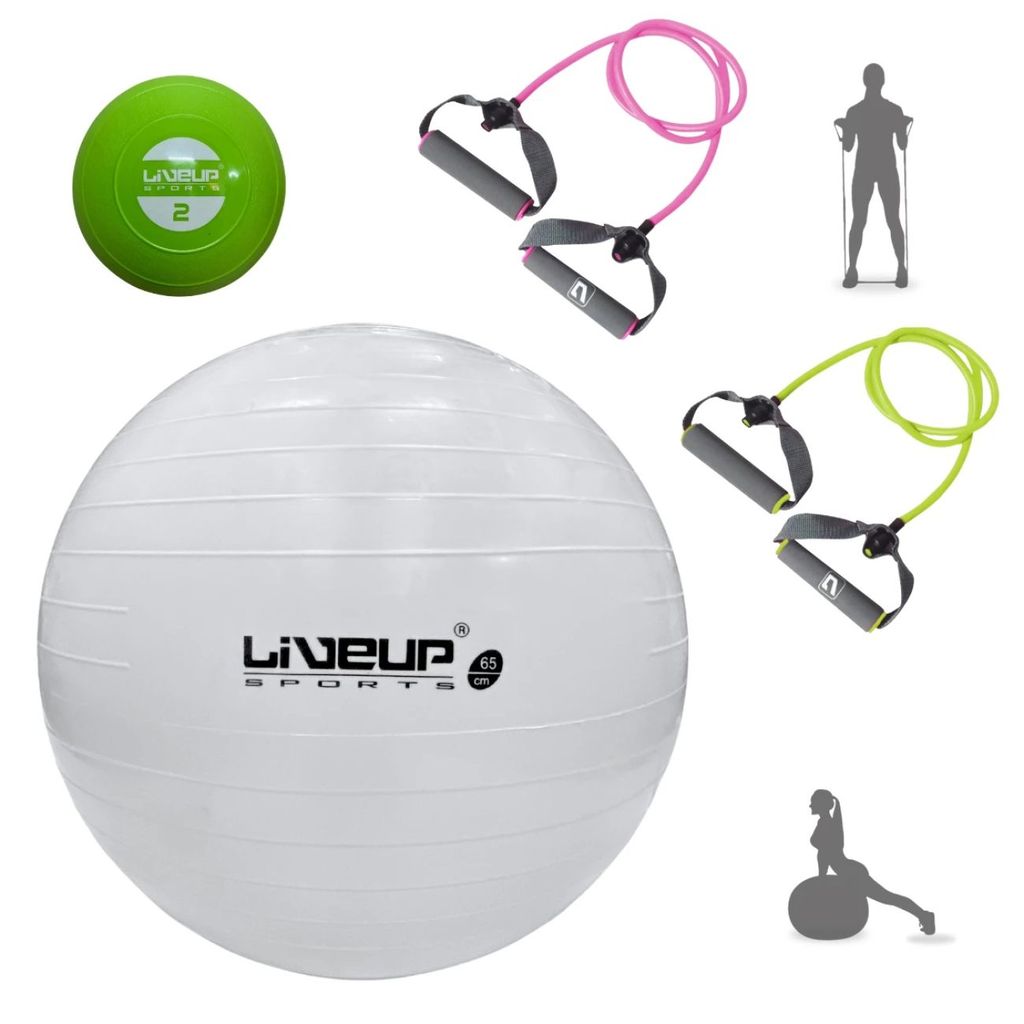 Kit Treino Funcional Bola de Pilates 65cm Branca + Bola de Peso Tonificadora 2kg + Extensores Elásticos 2 Tensões
