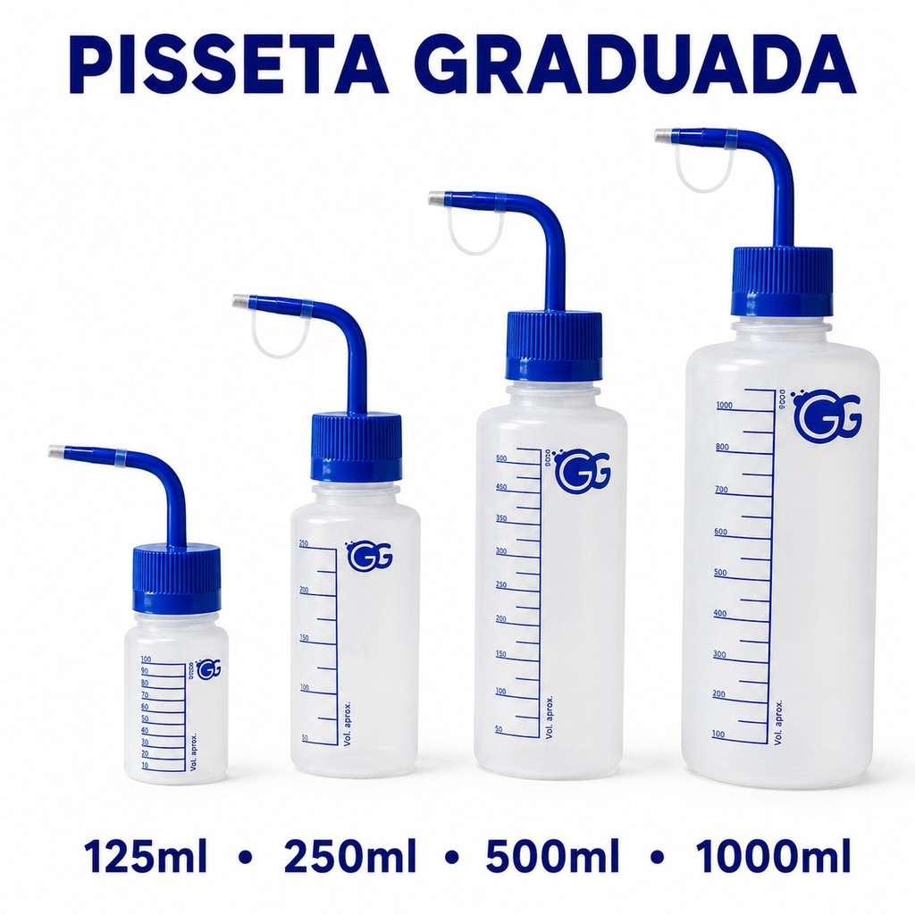 Pisseta Bico Curvo Frasco Plastico Lavador Graduada 125ml 250ml 500ml 1000ml Tampa Azul