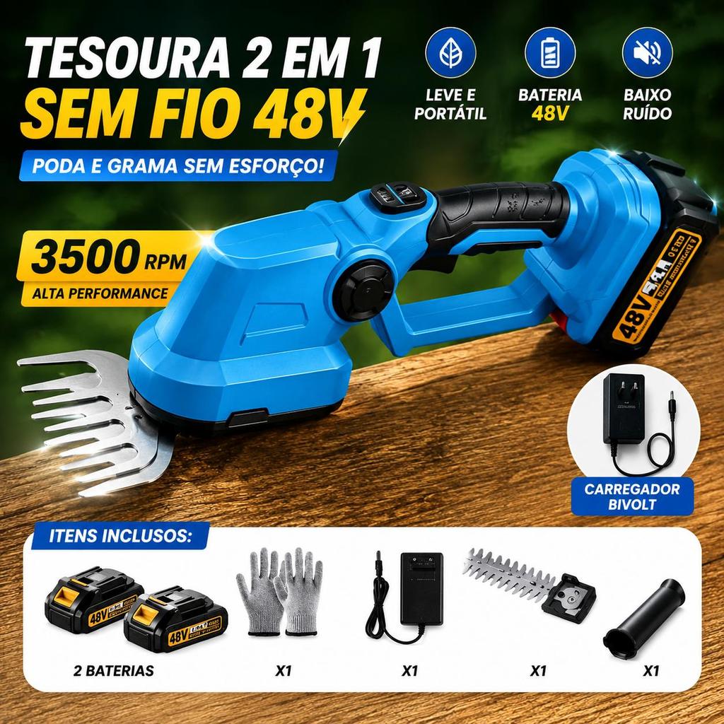 Aparador de Jardim 2 em 1 Sem Fio 48V Corta Grama e Cerca Viva com 2 Baterias Recarregáveis