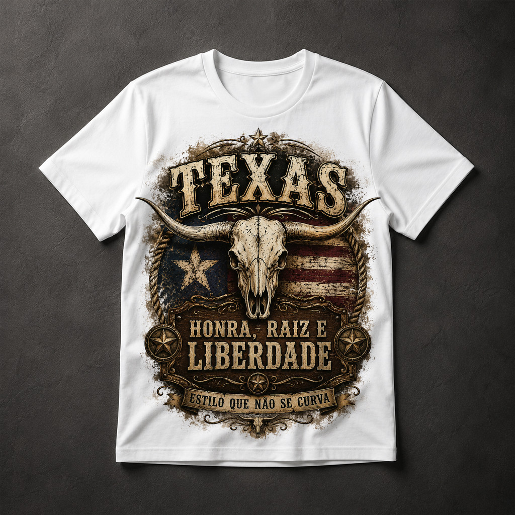 Camiseta Masculina Texas Longhorn Honra Raiz Liberdade Country Sertanejo Vintage Rodeio