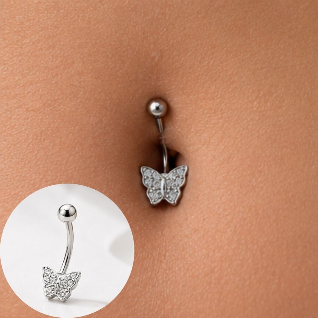 Piercing de Umbigo Prata 925 Borboleta Strass Antialérgico